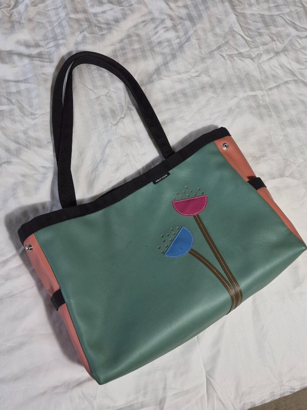 Holly Aiken Turbo Large Tote Bag Green Pink Flower Vinyl Made USA  11.5" x 16"x5